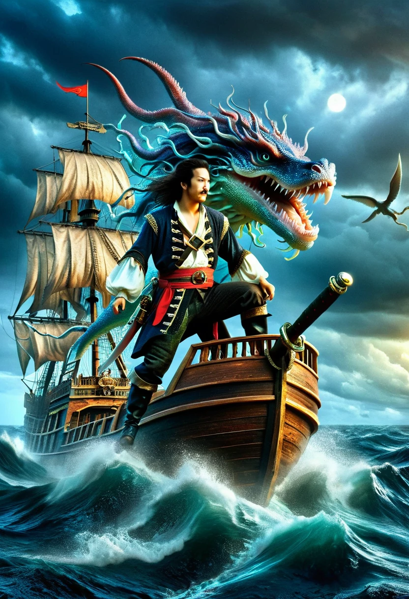 (Pirate Wars:1.9)，(A dark fantasy style scene of a pirate on his ship battling a Kraken. The pirate, with an Asian descent and male gender, stands bravely on the ship's deck. He wields a cutlass and the ship is tattered, evidencing numerous past battles. Emerging from the turbulent sea, the monstrous Kraken unfurls its giant tentacles, reaching for the ship and the pirate. The overall ambience is ominous and foreboding, with stormy seas and dark clouds overhead). (whole body:1.3), Rich expression, gloomy, Gothic horror, illustration, Strange, exaggerated, The background is Pirate Wars，Dark theme elements, Pencil Sketch