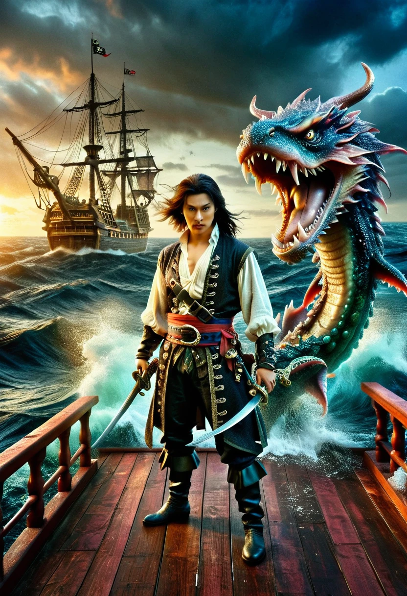 This is a dark fantasy scene.，Depicting a pirate fighting a sea monster on his ship。This pirate is of Asian descent，The gender is male，Standing bravely on the deck of the ship。He holds a machete，The ship is in tatters，Indicates that there have been countless battles in the past。A terrifying sea monster emerges from the rough sea，Open huge tentacles，Towards the boat and。The whole atmosphere is ominous and frightening.，The sea is rough，Dark clouds overhead。