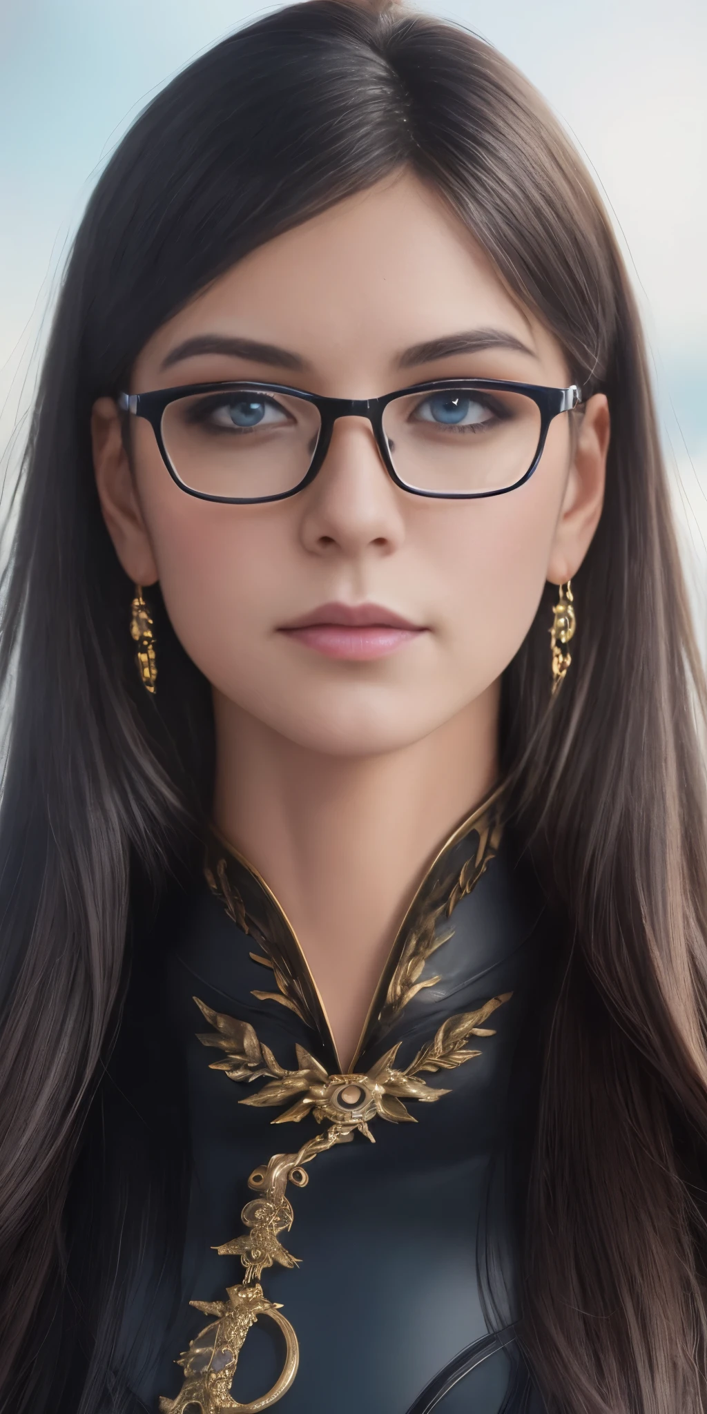 cereza, 1girl, solo, glasses, earrings, mole, blue eyes, gloves, ribbon, (bodysuit:1.2), (face focus:1.5), feathers, mole under mouth, future city background, (realistic:1.2), (realism), (masterpiece:1.2), (best quality), (ultra detailed), (8k), (intricate), (85mm), light particles, lighting, (highly detailed:1.2), (detailed face:1.2), (gradients), sfw, colorful, (detailed eyes:1.5), (detailed background), (rule of third_composition:1.3), (Line of action:1.2), beautiful face, highly detailed face, highly detailed skin, skin pores, subsurface scattering, (realistic), full face blush, full lips, detailed background, depth of field, volumetric lighting, sharp focus, absurdres, realistic proportions, good anatomy, (realistic, hyperrealistic:1.4), 16k hdr,