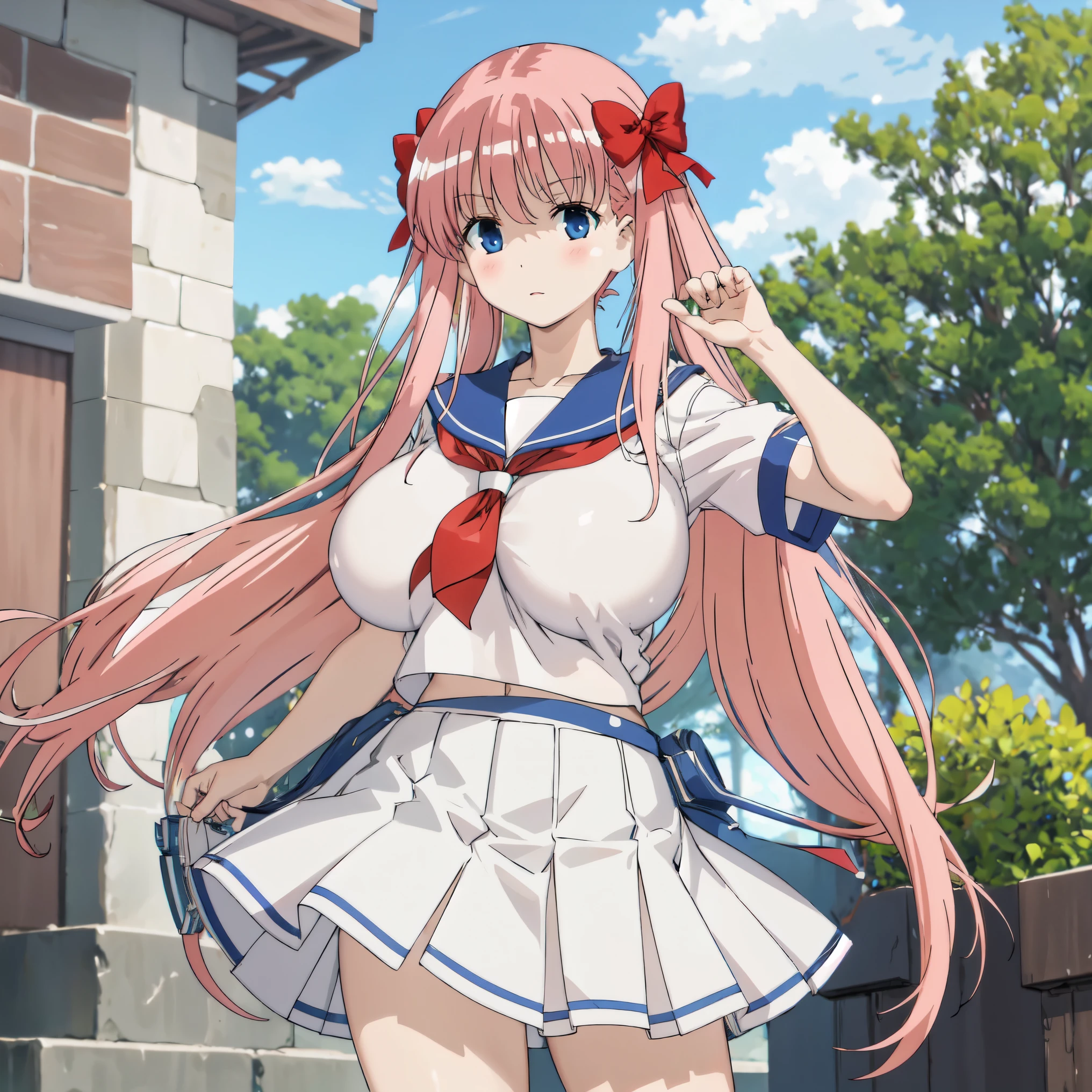 huge tits, white sailor uniform, blue short skirt, pink hair, long hair, busty, upperbody, blue eyes, short sleeve, look at camera, standing, spreads legs, random pose