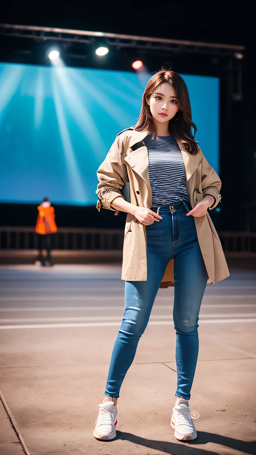 (Tabletop,high quality,16K:1.1),(Written boundary depth:1.3) ,((Full body photo)),Standing woman、trench coat、shirt、Skinny jeans、sneakers、Background is a park at night,(View your audience:1.3),(Full Body Shot:1.2),,