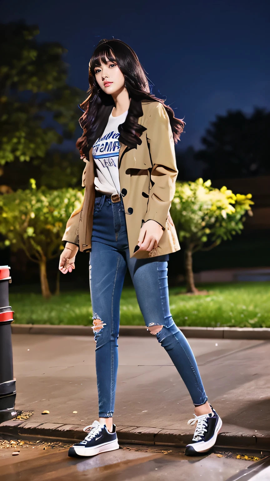 (Tabletop,high quality,16K:1.1),(Written boundary depth:1.3) ,((Full body photo)),Standing woman、Black Hair、trench coat、shirt、Skinny jeans、sneakers、Background is a park at night,(View your audience:1.3),(Full Body Shot:1.2),,
