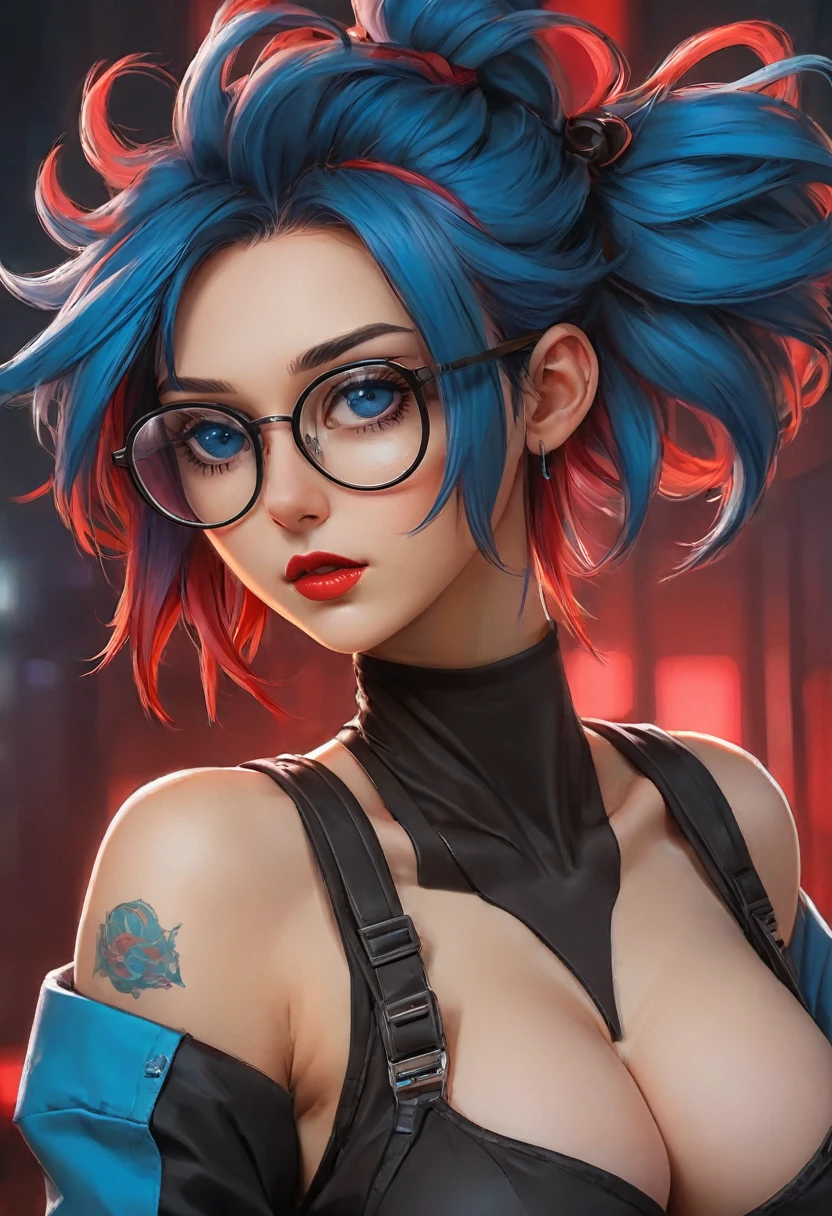 Brown hair, cyberpunk, blue hair, breast, split, сексуальны,, and also wear round black glasses. ((show your hard red nipples))