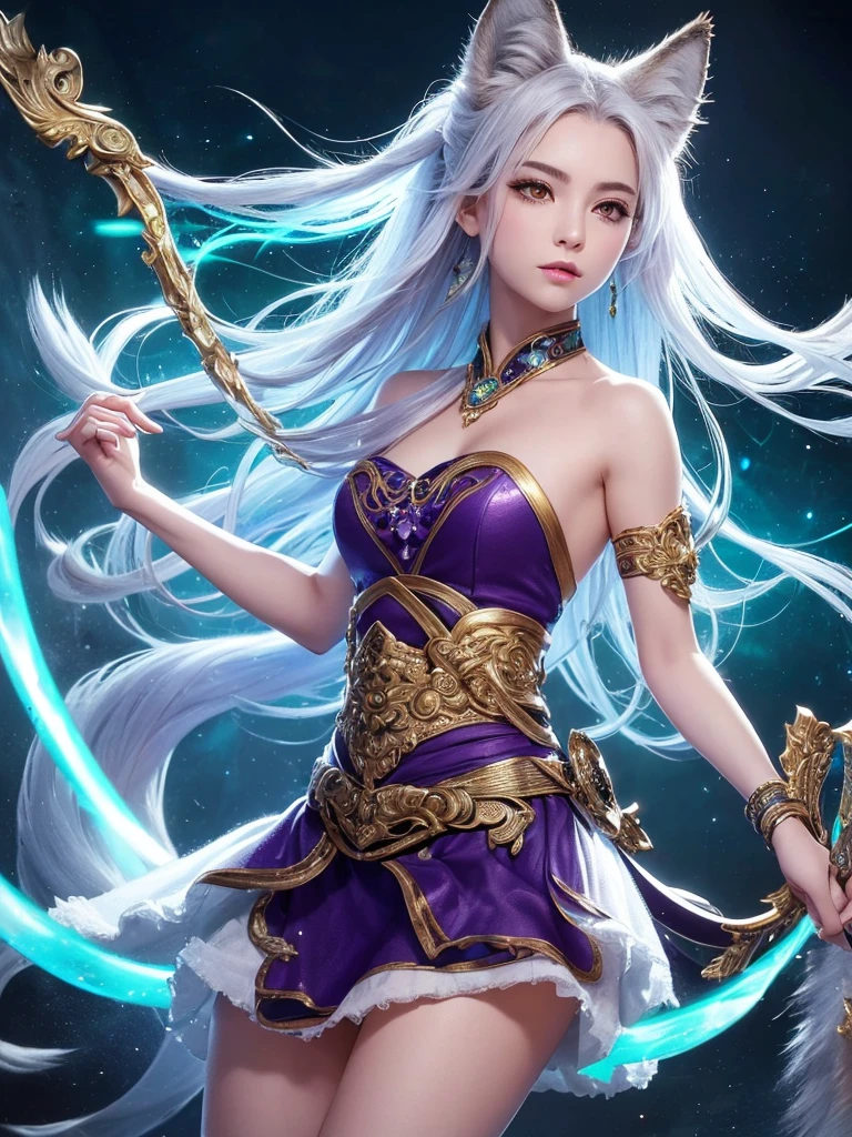 ((Highest quality)),(Ultra-high resolution),(Ultra-detailed new),(Detailed Description),((The best CG)),(masterpiece),Highly detailed art,A wonderful new art form,(Art with precise details:1.5), (beautiful girl,wolf ears:1.3),(Frenzy Dance:1.3),sword,gun,Hoko,Bow and Arrow,snake,eagle,lion, Crushing, blasting, Flow, impact, sapphire,Ruby,Emerald,opal,amethyst
