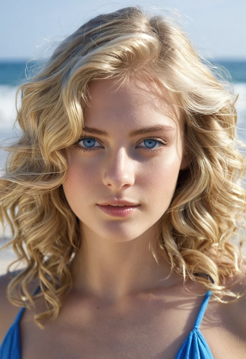 Beautiful blonde at the beach, very detailed, 21 ans, visage innocent, natural wavy hair, blue eye, high resolution, head of'artwork, best quality, intricate details, very detailed, sharpness, detailed skin, realistic skin texture, texture, detailed eyes, professionnel, 4K, charming smile, shot with Canon, 85mm, shallow depth of field, kodak vision color, corps en parfaite forme, extremely detailed, photo_\(ultra\), photorealistic, realistic, Post-traitement, maximum detail, roughness, real life, ultra realistic, photorealism, photography, 8k hd, photography