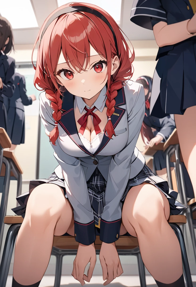 (Red ribbon on hairband:1.2),(Browsing Caution),Double braids, Red eyes, Uniform jacket, Cleavage, Cutout, Check skirt, Stockings, Loafers, Sitting, Split seat(Leaning forward with hands on knees)Angle from below the classroom,Masterpiece best quality anime style 4K