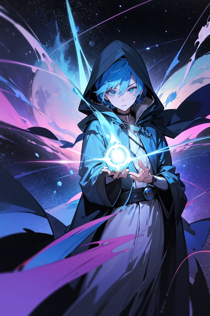 A young man with blue hair and blue eyes, wearing a blue hooded robe, deploying a huge black magic circle, background: distortion of space-time, asteroid belt, supernova explosion in hand