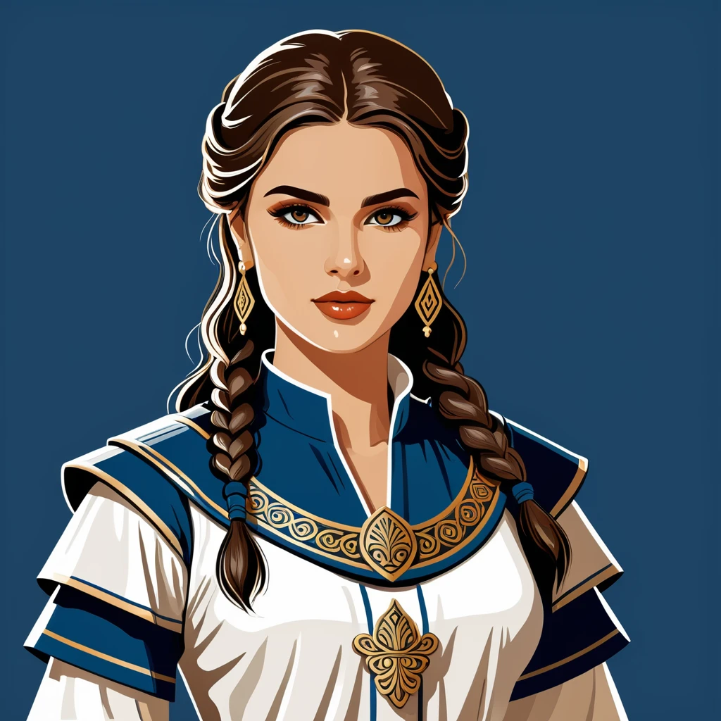 female	warden	in greek folk outfit	,vector graphics, strong contours, logo design																						