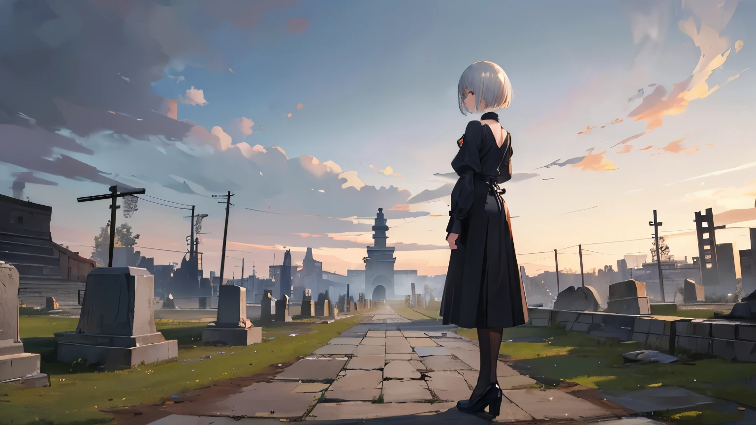 ((Highest quality)), ((masterpiece)), (detailed)、A woman with silver short hair is standing in the distance with her back to the camera.、Panorama、The ruins of war、Burnt Field、Grave、sorrow