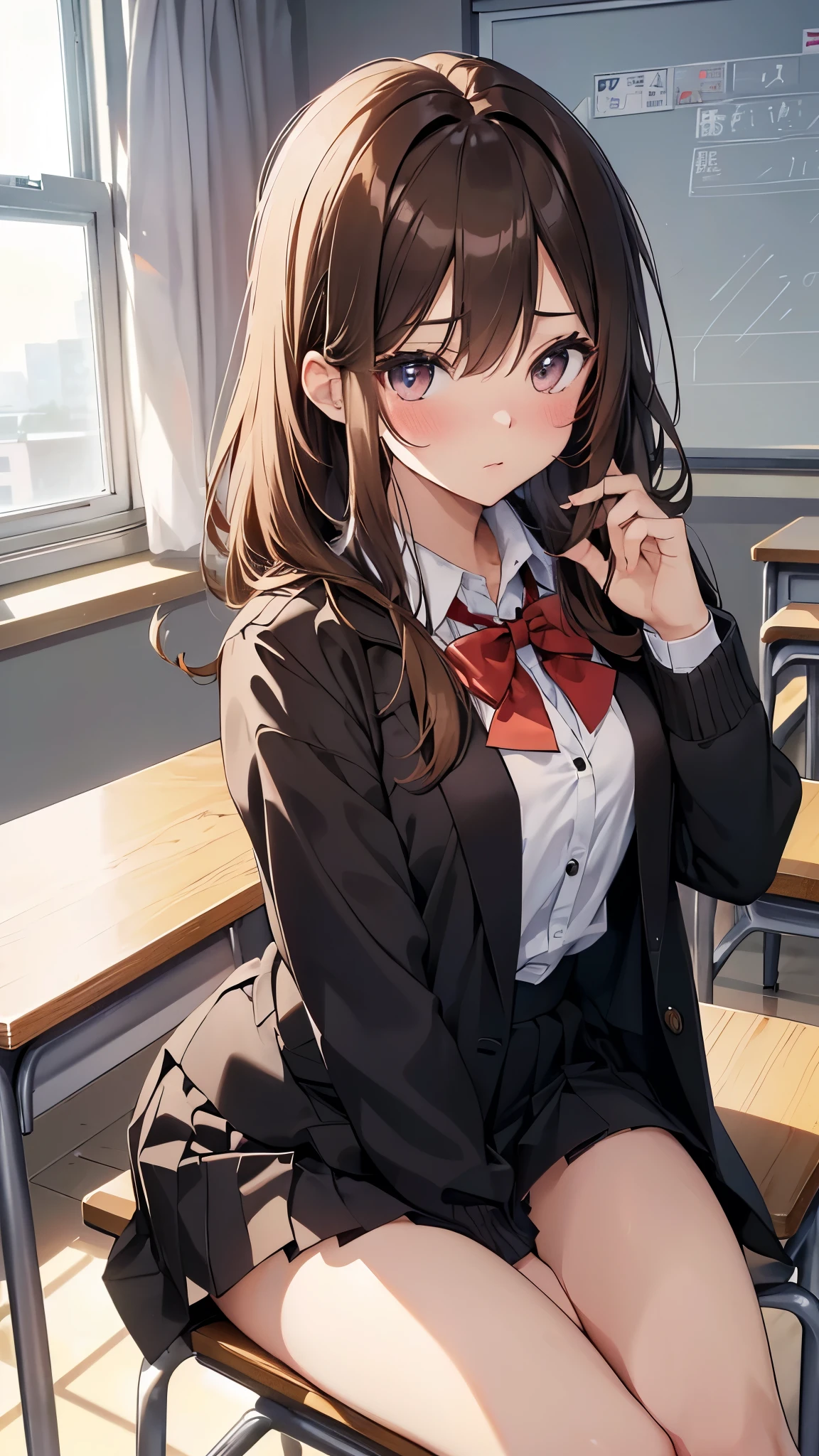 Anime girl sitting cross-legged at a desk in a classroom ((Tabletop, Highest quality, High resolution, Hmph, Pixel perfect, 4K, Hmph, Hmph))), One Girl, single, alone, Beauty、The whole body is visible、 ((Mid-wave hair, bangs, Brown Hair)), ((Brown eyes, Beautiful eyelashes, Realistic eyes)), ((Detailed face, blush:1.2)), ((Smooth texture:0.75, Realistic texture:0.65, Realistic:1.1, Anime CG style)), Medium chest, Dynamic Angle, Perfect body, ((Red bow tie, school uniform, Black jacket, Open jacket, Brown cardigan, White shirt, Black Skirt, Checked skirt、I'm not wearing shoes、White Sox)), An empty classroom、Sit at a desk、Lower'I took my feet off the desk....、evening、、((Angle looking up from below))、Very embarrassing panic smile、(Hold up your skirt with both hands、Spread your legs、Pale yellow floral lace panties)、
