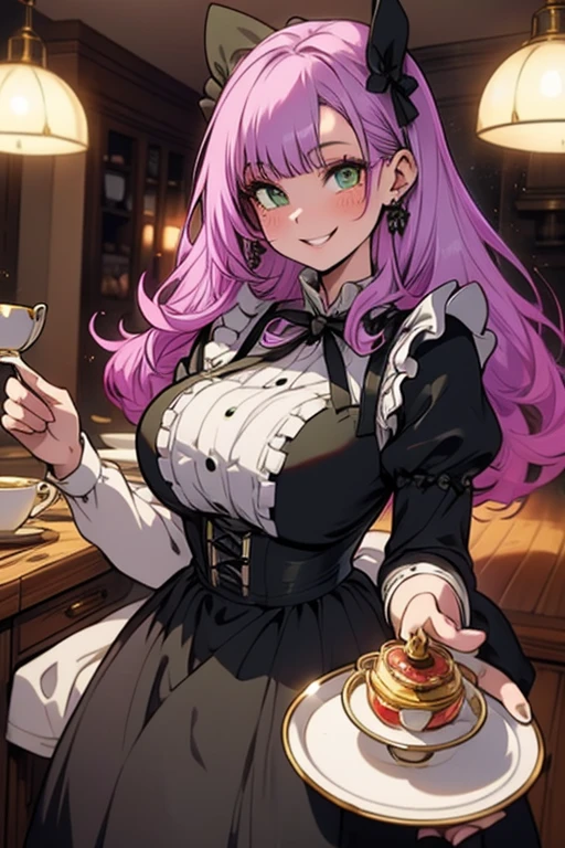 Perfect face. Perfect hands. A light purple haired woman with green eyes with an hourglass figure in a ta maid uniform is arranging a tray of treats and tea in the fancy kitchen with a big smile