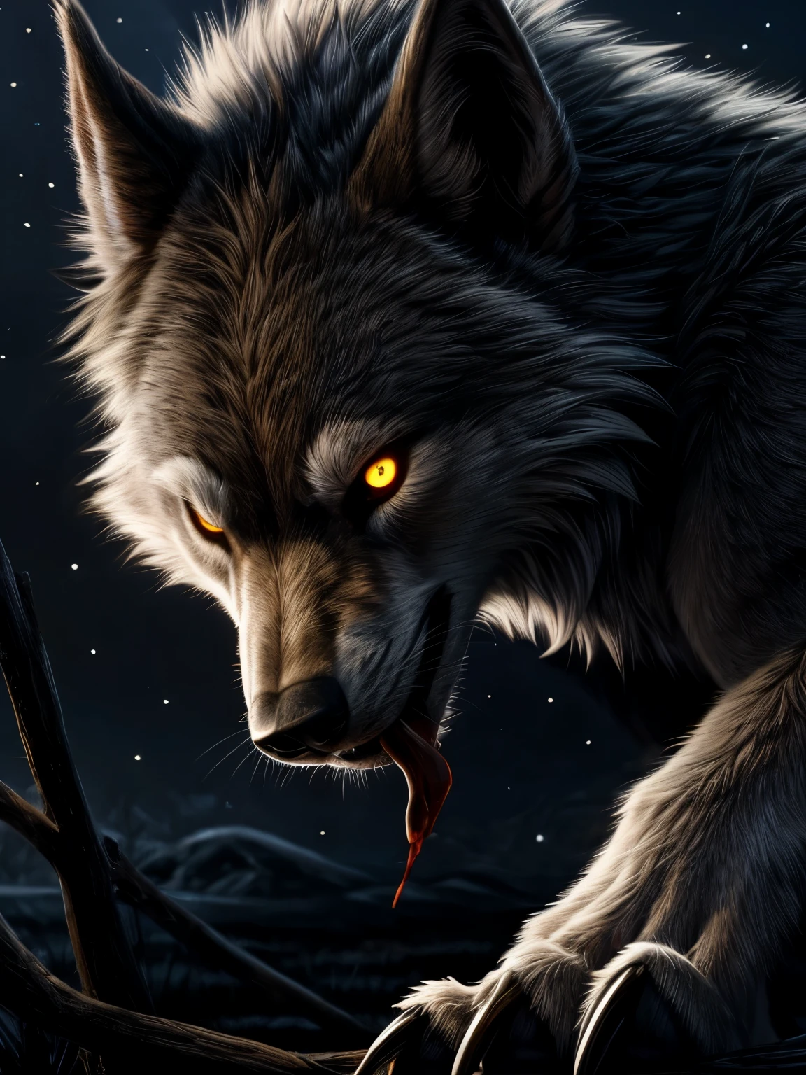 feral, werewolf, white fur, bleak eyes, licking blood from claws, standing, night, close up