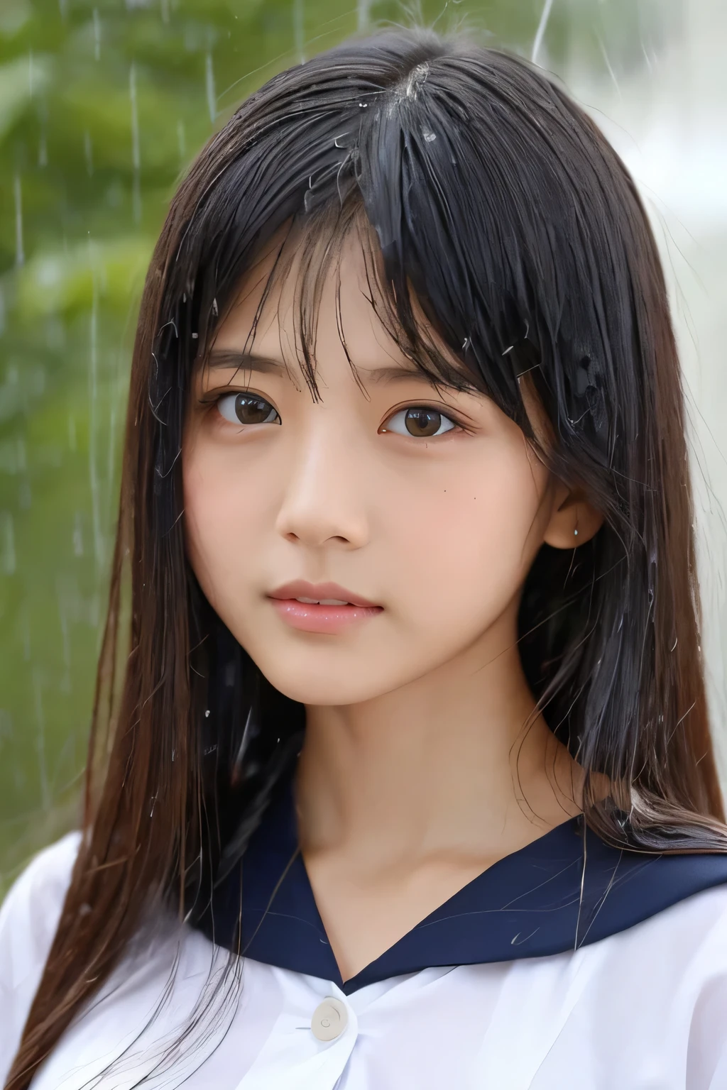 (Beautiful girl taking shelter from the rain:1.5), 17 years old, (Highest quality:1.4), (Very detailed), (Very detailed美しい顔), Sexy look, Evenly balanced eyes, (Short-sleeved sailor suit :1.3), (School uniforms:1.3), Beautiful face and eyes, iris, Medium Hair, The Beauty of Japan, School bag, (Skinny body type:1.3), (Flat Chest:1.3), (Rain-soaked skin:1.5), Smooth, Very detailed CG synthesis 8k wallpaper, High-resolution RAW color photos, Professional photography, Light, BackLight, dream-like, impressive, Written boundary depth, High School Building, (Face close-up:1.5), (Shooting from the front:1.5)