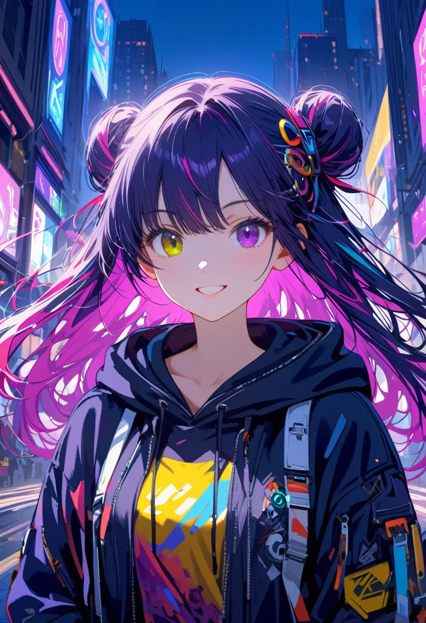 {{masterpiece,Best Work}}, Highest quality, Ultra High Definition CG Unity, Illustrator, anime, 8k wallpaper, Lens flare, (Beautiful eyes in every detail), particle, lip, Long Hair, Neon Hair, Cool face,((Colorful Machine Wool)),Odd Eye, Heterochromia iridis, not a big deal, Black purple body, Bun Hair, (Perfect body), cyber punk, Inorganic decoration, Upper Body, hoodie, City of night, smile, Perfect hands.