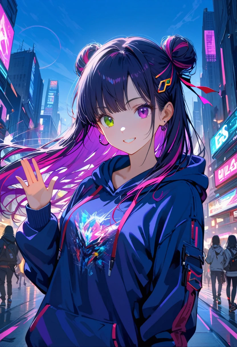 {{masterpiece,Best Work}}, Highest quality, Ultra High Definition CG Unity, Illustrator, anime, 8k wallpaper, Lens flare, (Beautiful eyes in every detail), particle, lip, Long Hair, Neon Hair, Cool face,((Colorful Machine Wool)),Odd Eye, Heterochromia iridis, not a big deal, Black purple body, Bun Hair, (Perfect body), cyber punk, Inorganic decoration, Upper Body, hoodie, City of night, smile, Perfect hands.