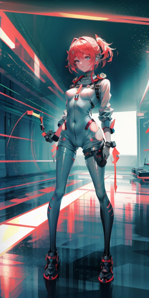 (Best quality:1.2),1 girl,Alone,permanent_,Ayanami Rei,White jumpsuit,Red Eyes,Pilot suits,short hair,Blue Hair,Bangs,Interface Headphones,turtleneck sweater,Hair between the eyes,Pixelated background,Neon lights,Sci-fi color scheme,Vibrant colors,Metallic,Detailed shadows,Holographic interface,Dark atmosphere,High contrast,Clear focus,A strand of hair,shiny reflective surfaces,Exquisite details,high resolution,Studio Lighting,Red embellishment,Lighting environment,Artificial intelligence assistant