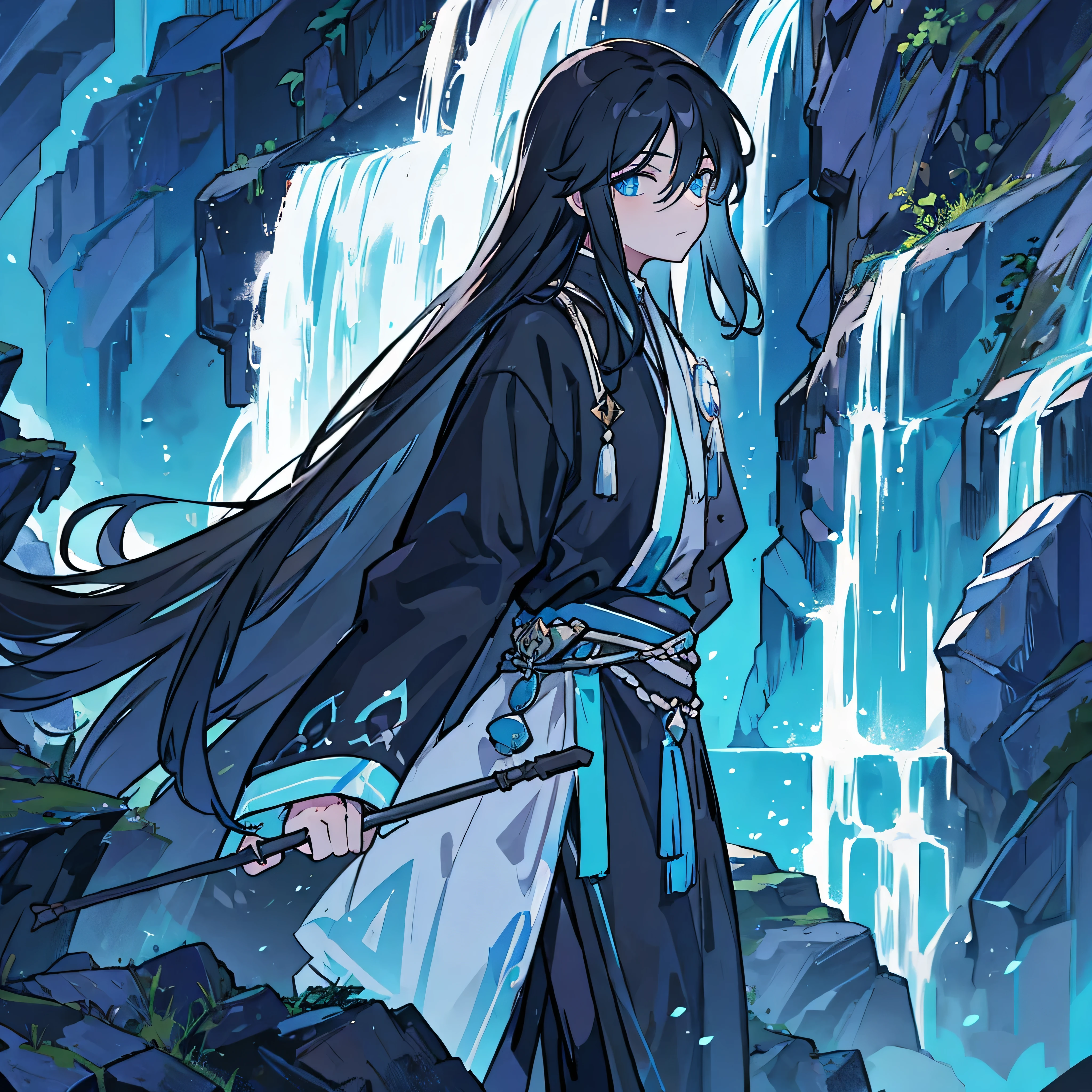 1mature man, black long hair, azure eyes, black and blue sage robe, waterfall background, 