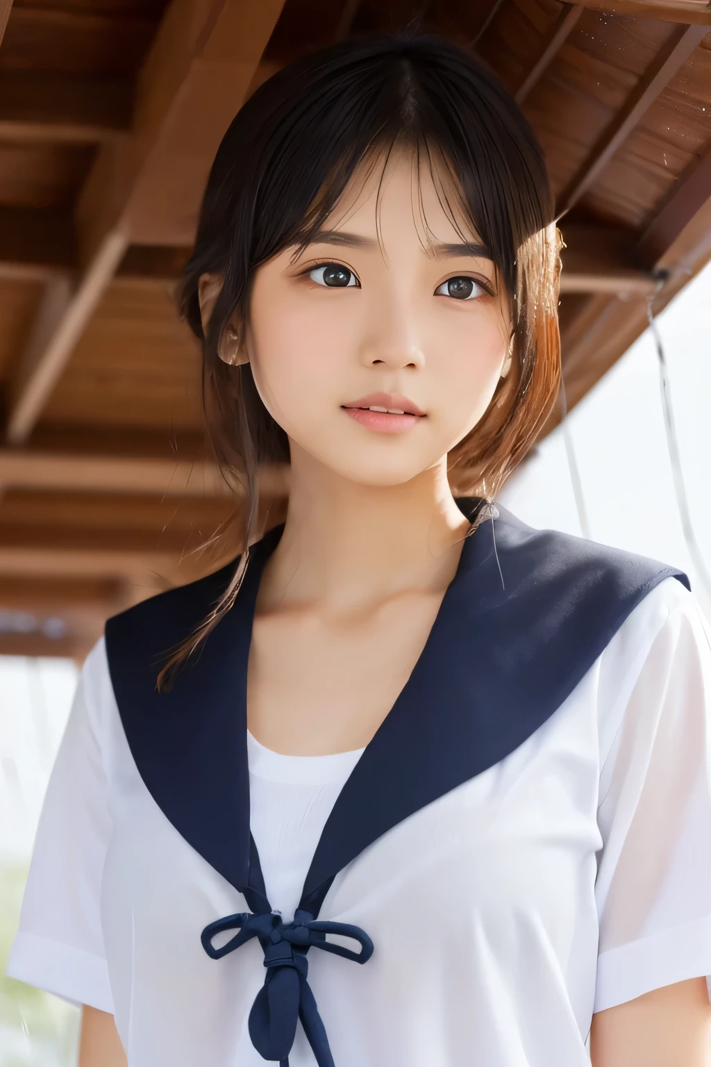 (A beautiful girl taking shelter from the rain under the eaves:1.5), 17 years old, (Highest quality:1.4), (Very detailed), (Very detailed美しい顔), Sexy look, Evenly balanced eyes, (Short-sleeved sailor suit :1.3), (School uniforms:1.3), Beautiful face and eyes, iris, Medium Hair, The Beauty of Japan, School bag, (Skinny body type:1.3), (Flat Chest:1.3), (Rain-soaked skin:1.5), Smooth, Very detailed CG synthesis 8k wallpaper, High-resolution RAW color photos, Professional photography, Light, BackLight, dream-like, impressive, Written boundary depth, High School Building, (Face close-up:1.5), (Shooting from the front:1.5)