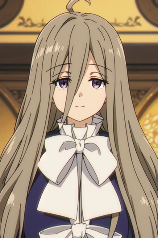 ((Bestquality))),((Ultra-detailed)),((illustration)),((Disheveledhair)),((frilld)),(1girl),(Solo), 1girl,ahoge,bangs,bow,bowtie field,eyebrows visible through hair,hair between eyes,long hair,looking at viewer,photo \(medium\),photo background,school uniform,solo,stained glass,upper body,very long hair,white bow,white bowtie,blurry,blurry foreground,motion blur, brown hair,purple eyes,