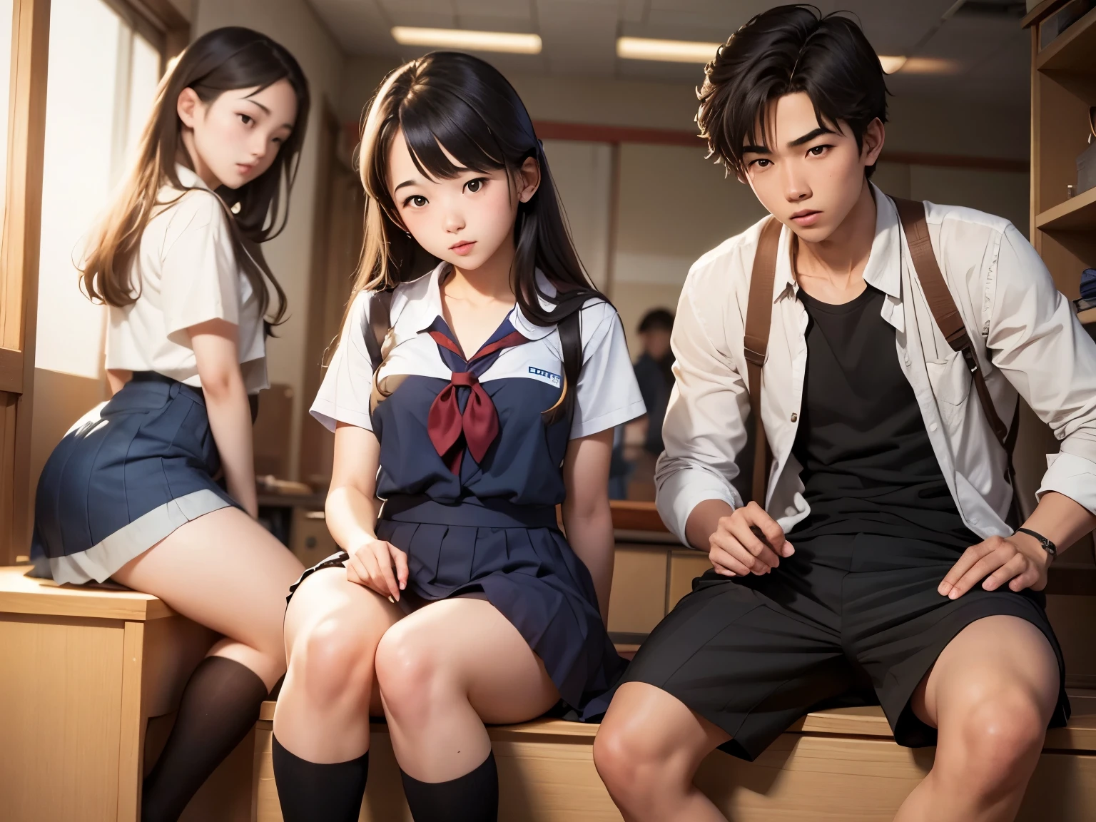 A high school girl with two high school boys japanese