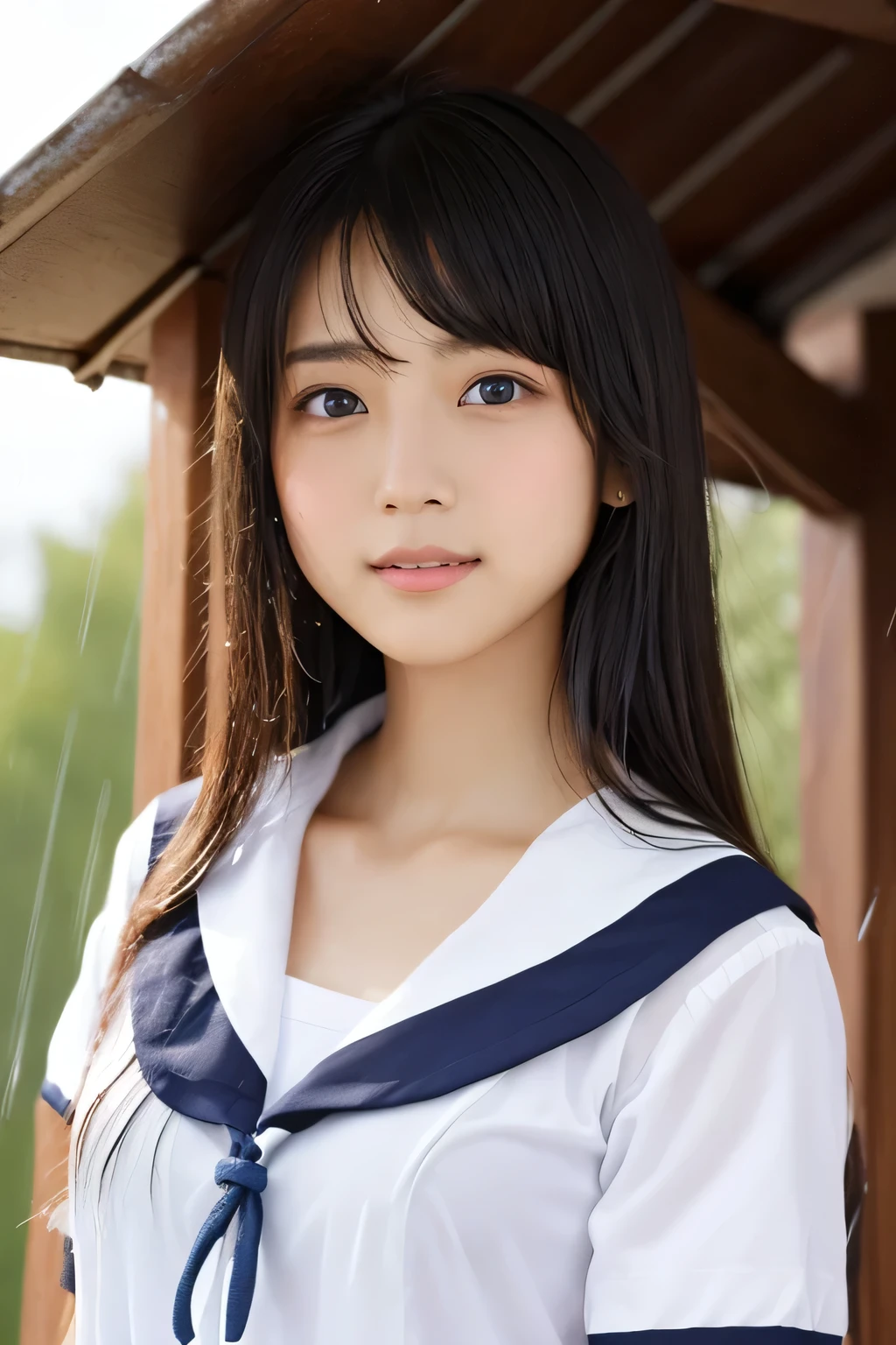 (A beautiful girl taking shelter from the rain under the eaves:1.5), , (Highest quality:1.4), (Very detailed), (Very detailed美しい顔), Sexy look, Evenly balanced eyes, (Short-sleeved sailor suit :1.3), (School uniforms:1.3), Beautiful face and eyes, iris, Medium Hair, The Beauty of Japan, School bag, (Skinny body type:1.3), (Flat Chest:1.3), (Rain-soaked skin:1.5), Smooth, Very detailed CG synthesis 8k wallpaper, High-resolution RAW color photos, Professional photography, Light, BackLight, dream-like, impressive, Written boundary depth, High School Building, (Face close-up:1.5), (Shooting from the front:1.5)