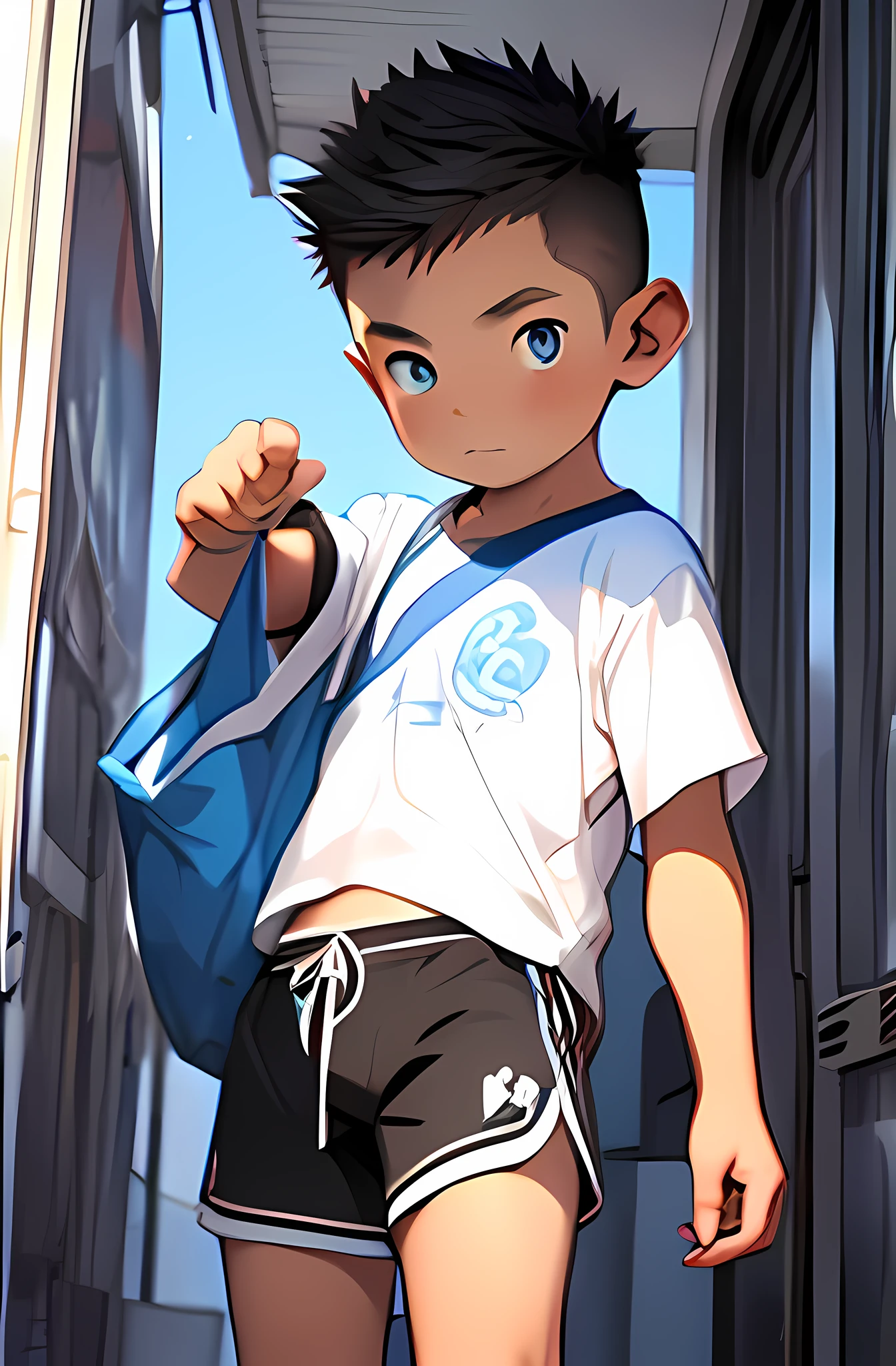 (Shota:1.5),(((Highest quality))),(((masterpiece))),(((Very detailed))),(((High resolution))),T-Shirts,Short shorts,White socks,Blue sneakers,12 years old,Japanese,Spiked Hair,Black Hair,blue eyes,Baby Face,Beautiful face,whole body,Manga style,Anime Style