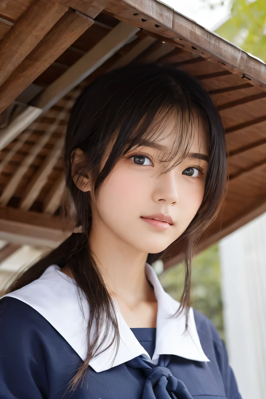 (A beautiful girl taking shelter from the rain under the eaves:1.5), ************, (Highest quality:1.4), (Very detailed), (Very detailed美しい顔), Sexy look, Evenly balanced eyes, (Short-sleeved sailor suit :1.3), (School uniforms:1.3), Beautiful face and eyes, iris, Medium Hair, The Beauty of Japan, School bag, (Skinny body type:1.3), (Flat Chest:1.3), (Rain-soaked skin:1.5), Smooth, Very detailed CG synthesis 8k wallpaper, High-resolution RAW color photos, Professional photography, Light, BackLight, dream-like, impressive, Written boundary depth, High School Building, (Face close-up:1.5), (Shooting from the front:1.5)