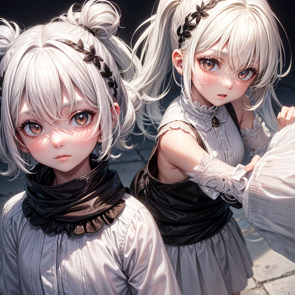 2 children of 12 years, White hair, Brown eyes, White skin.