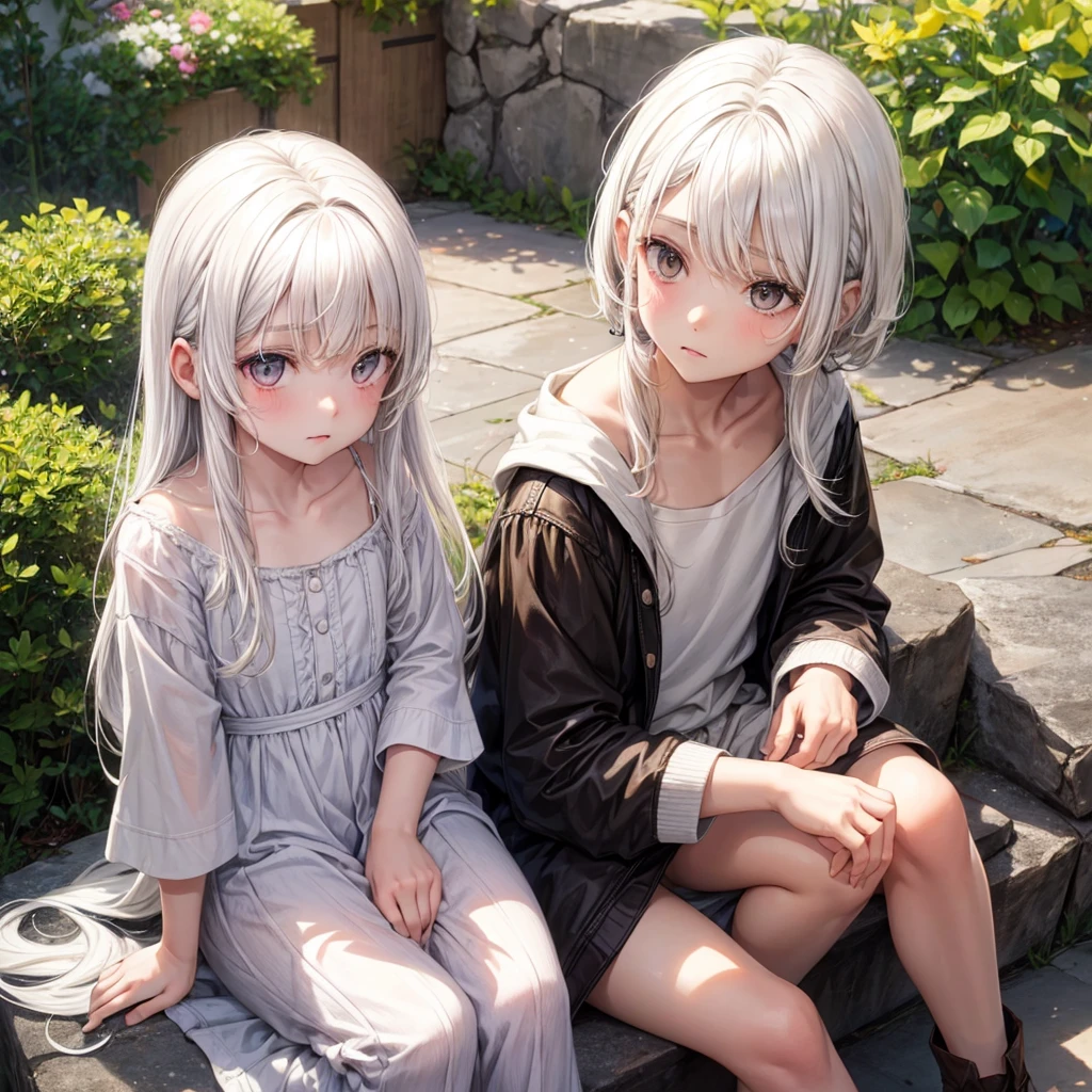 2 children of 12 years, White hair, Brown eyes, White skin.