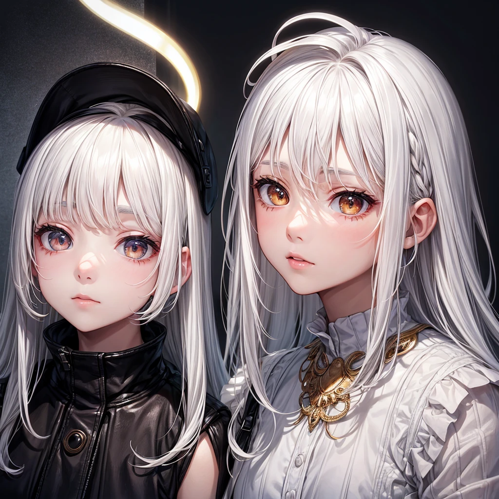 2 children of , White hair, Brown eyes, White skin.