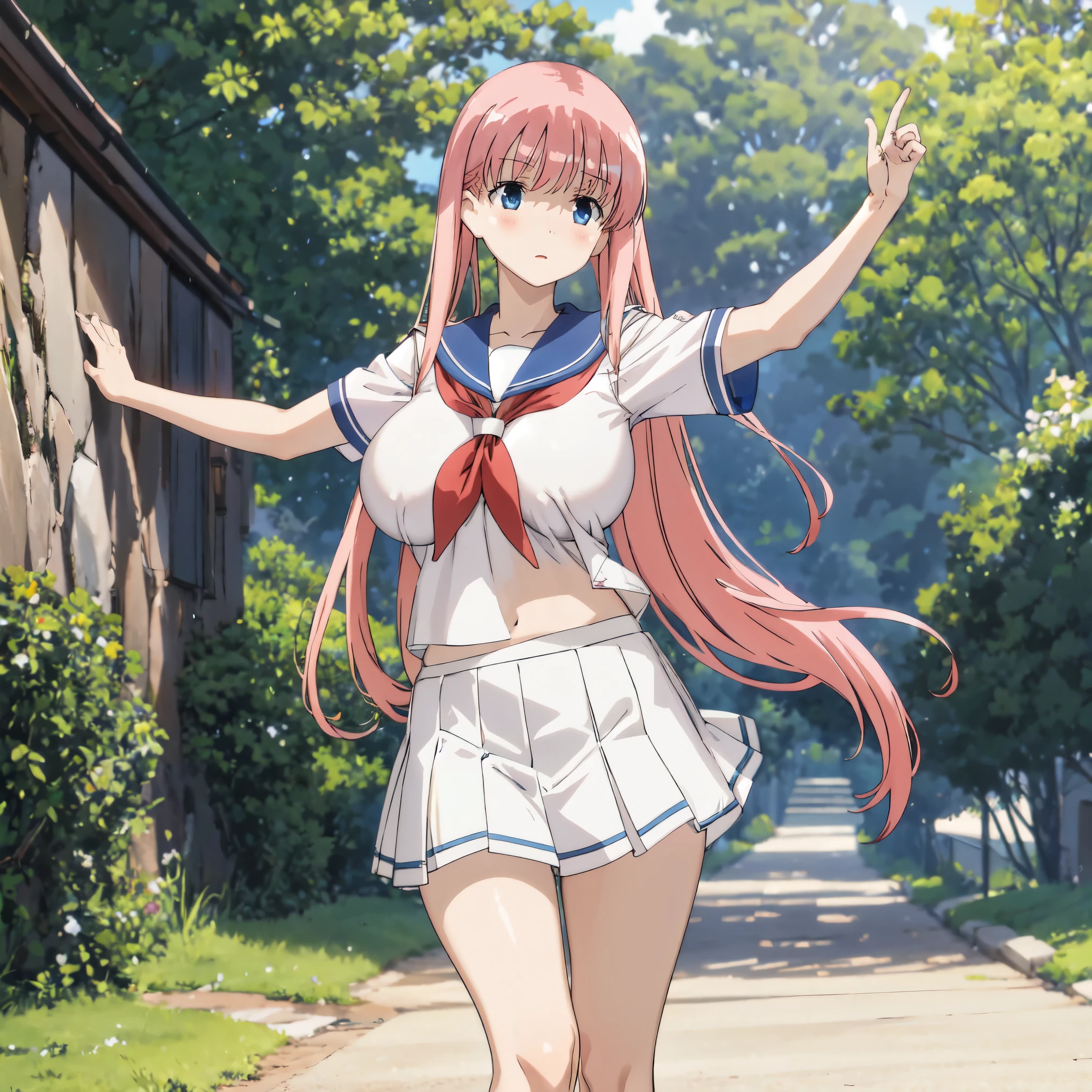 huge tits, white sailor uniform, blue short skirt, pink hair, long hair, busty, upperbody, blue eyes, short sleeve, look at camera, standing, spreads legs, random pose