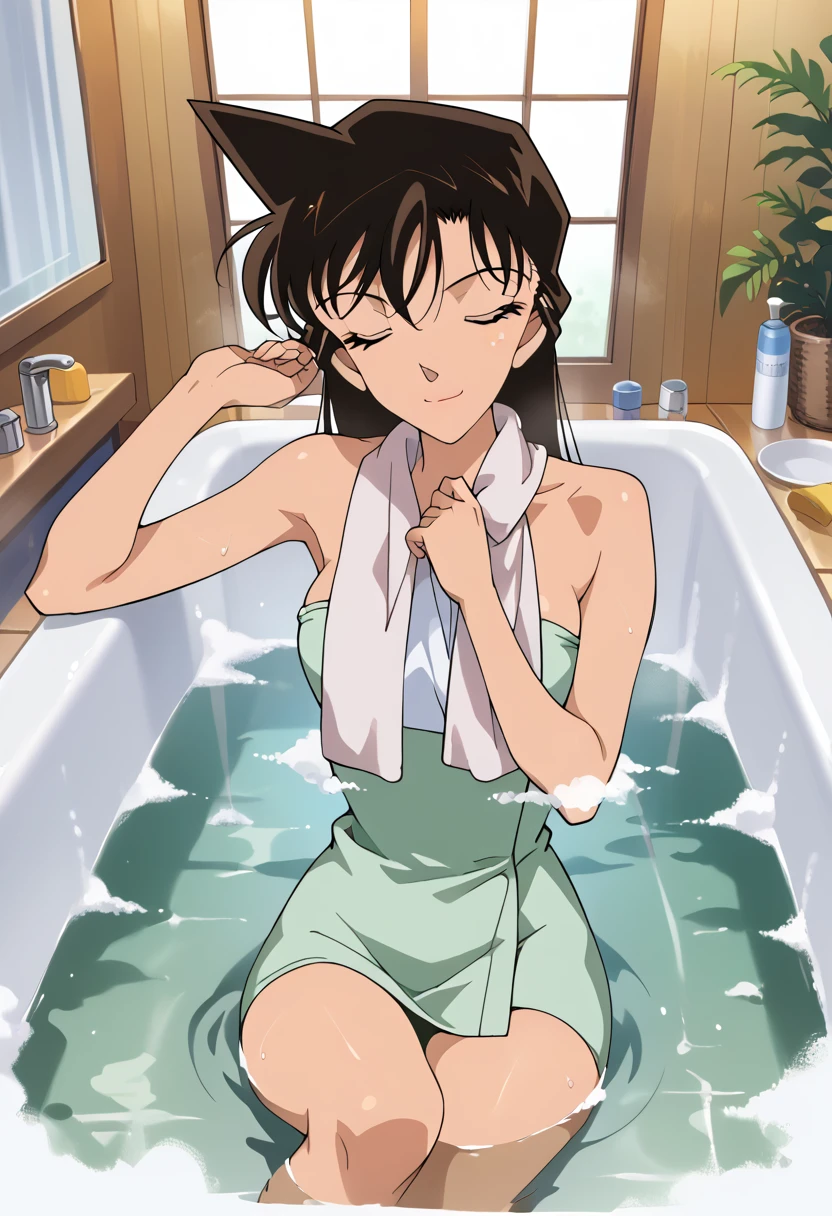 masterpiece,High resolution,Highest quality,8k (Detective Conan,Rank Dead) (One towel)Public bath at a ryokan,Soak in the bathtub,smile,Closed eyes,