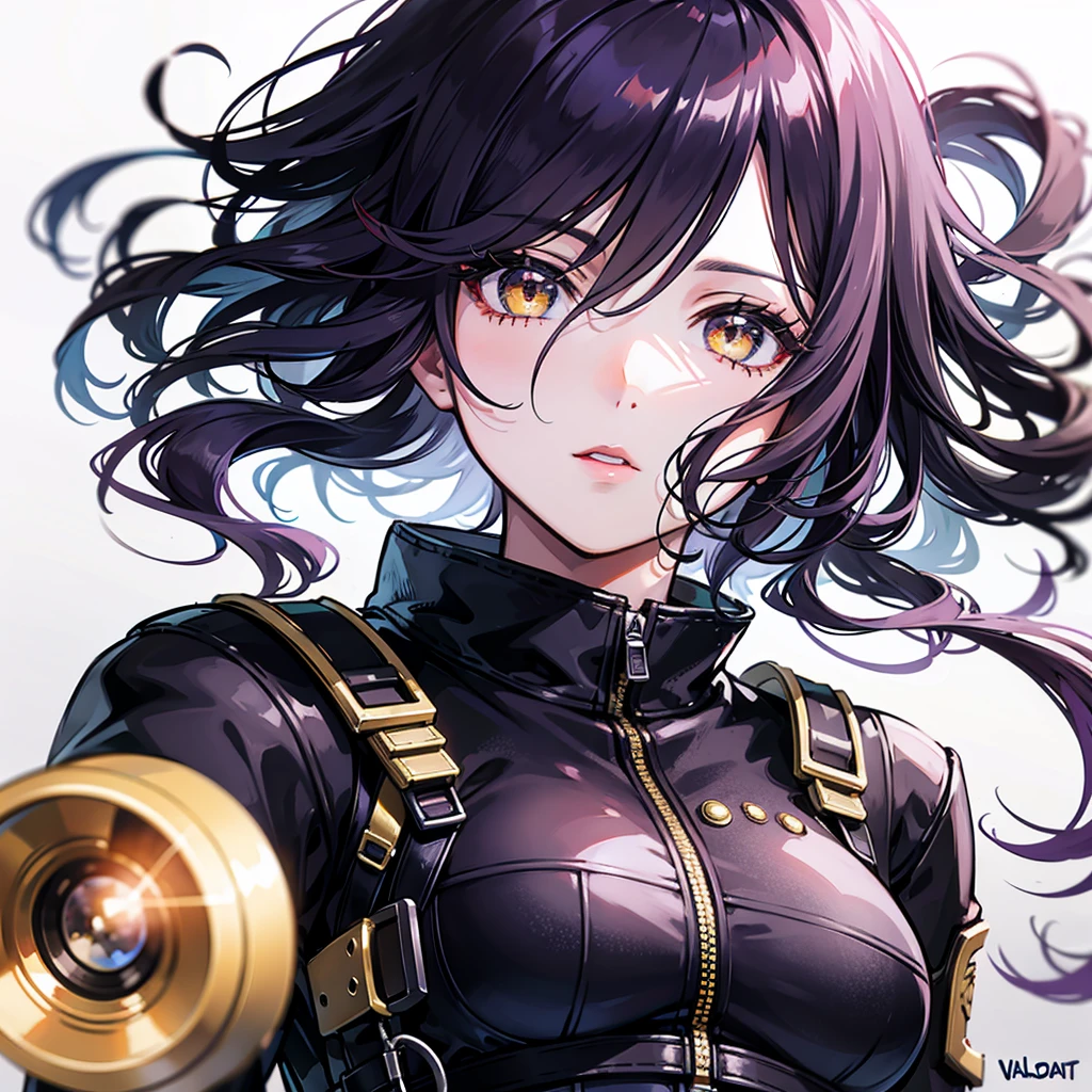 Cute brown skin girl, Sexy body, Wavy Purple Hair [With a black shade], Golden Eyes (shining), ultra-realistic eyes, With a pistol, jump, With sniper equipment, Valorant Riot Game, Round Face, Realistic lighting, Radiosity, close up.