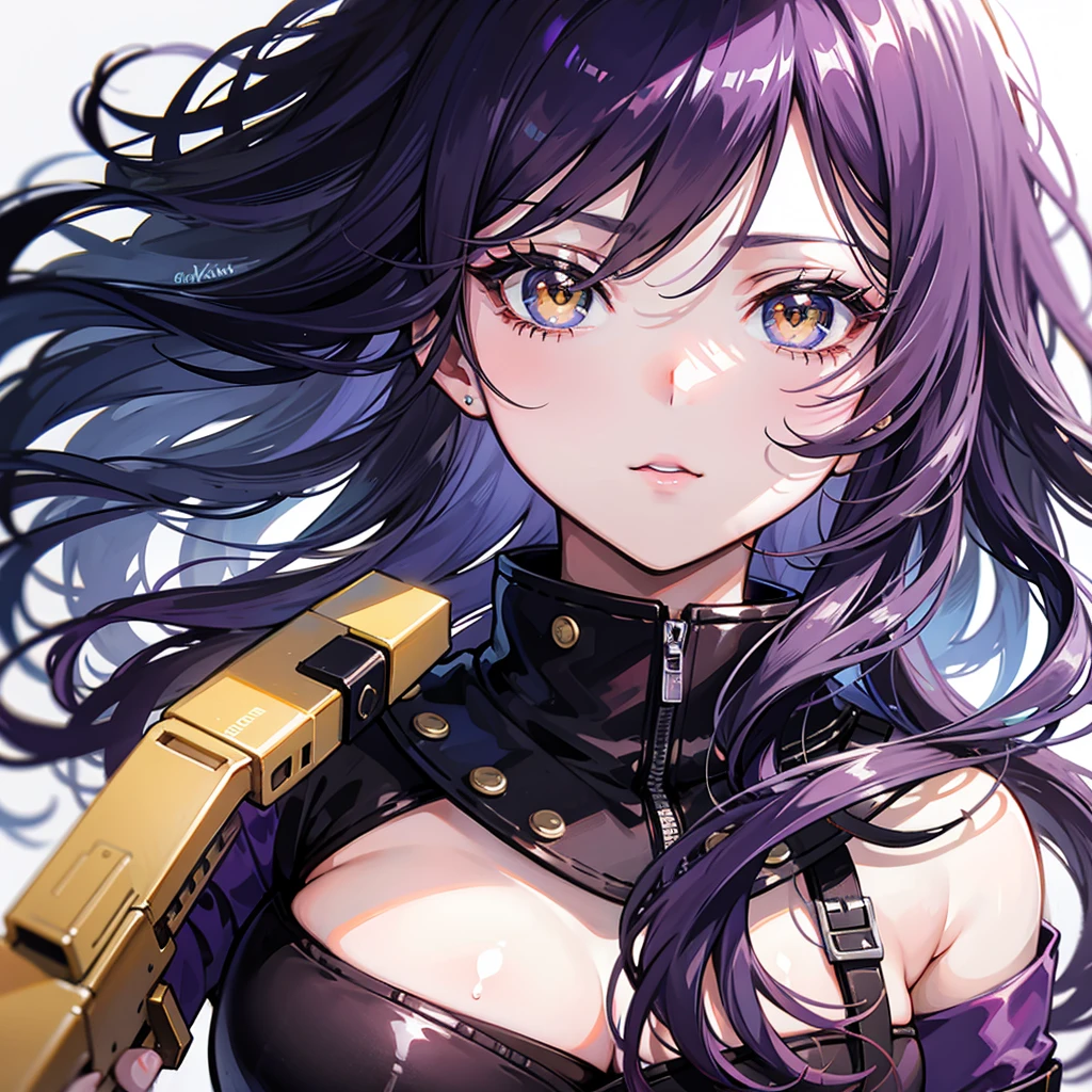 Cute brown skin girl, Sexy body, Wavy Purple Hair [With a black shade], Golden Eyes (shining), ultra-realistic eyes, With a pistol, jump, With sniper equipment, Valorant Riot Game, Round Face, Realistic lighting, Radiosity, close up.