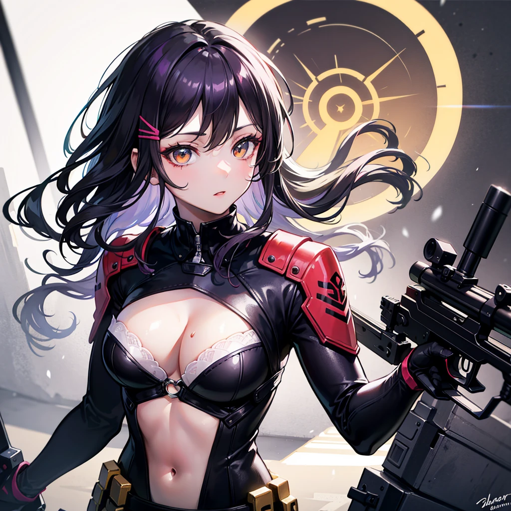 Cute brown skin girl, Sexy body, Wavy Purple Hair [With a black shade], Golden Eyes (shining), ultra-realistic eyes, With a pistol, jump, With sniper equipment, Valorant Riot Game, Round Face, Realistic lighting, Radiosity, close up.