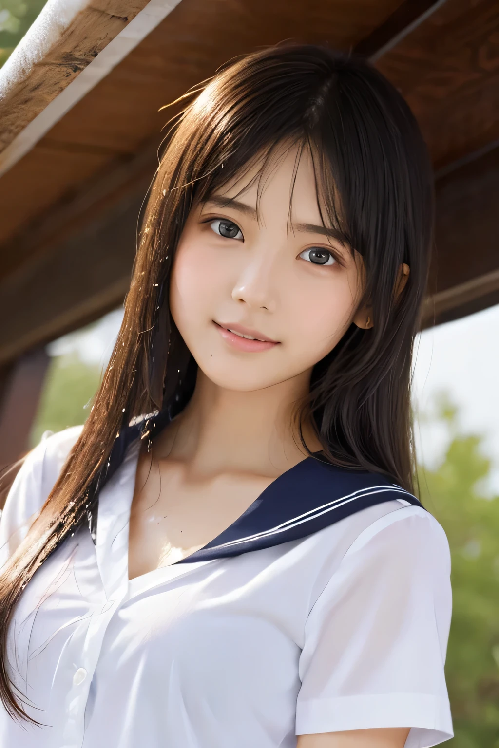 (A beautiful girl taking shelter from the rain under the eaves:1.5), 17 years old, (Highest quality:1.4), (Very detailed), (Very detailed美しい顔), Sexy look, Evenly balanced eyes, (Short-sleeved sailor suit :1.3), (School uniforms:1.3), Beautiful face and eyes, iris, Medium Hair, The Beauty of Japan, School bag, (Skinny body type:1.3), (Flat Chest:1.3), (Rain-soaked skin:1.5), Smooth, Very detailed CG synthesis 8k wallpaper, High-resolution RAW color photos, Professional photography, Light, BackLight, dream-like, impressive, Written boundary depth, High School Building, (Face close-up:1.5), (Shooting from the front:1.5)