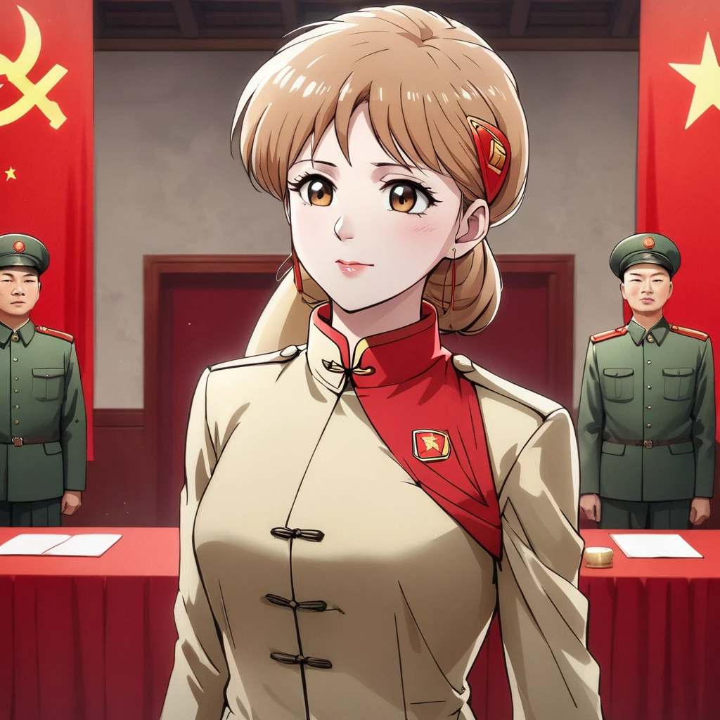 ((Highest quality)), ((masterpiece)), (detailed), (Perfect Face)、The woman is Princess Leona, a Chinese woman with medium-long light brown hair, wearing an engagement ring. She has become a member of the glorious Chinese Communist Party and has sworn absolute loyalty to the Communist Party of China. She is a righteous Communist Party member of the ruling China and the wife of a great Communist Party official.、The woman is wearing the khaki Mao suit of the Chinese Communist Party.、For the sake of China, their hairstyles, clothes, and everything they wear are all Chinese Communist Party items, and their thoughts are also Chinese, becoming great Chinese in body and mind.、The woman became Princess Leona, a Chinese woman who was proud of China and loved it devotedly.、She is serving China as a member of the great Communist Party of China.、The woman is a beautiful, respectable and exemplary Communist Party member.