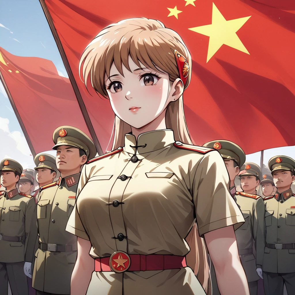 ((Highest quality)), ((masterpiece)), (detailed), (Perfect Face)、The woman is Princess Leona, a Chinese woman with medium-long light brown hair, wearing an engagement ring. She has become a member of the glorious Chinese Communist Party and has sworn absolute loyalty to the Communist Party of China. She is a righteous Communist Party member of the ruling China and the wife of a great Communist Party official.、The woman is wearing the khaki Mao suit of the Chinese Communist Party.、For the sake of China, their hairstyles, clothes, and everything they wear are all Chinese Communist Party items, and their thoughts are also Chinese, becoming great Chinese in body and mind.、The woman became Princess Leona, a Chinese woman who was proud of China and loved it devotedly.、She is serving China as a member of the great Communist Party of China.、The woman is a beautiful, respectable and exemplary Communist Party member.