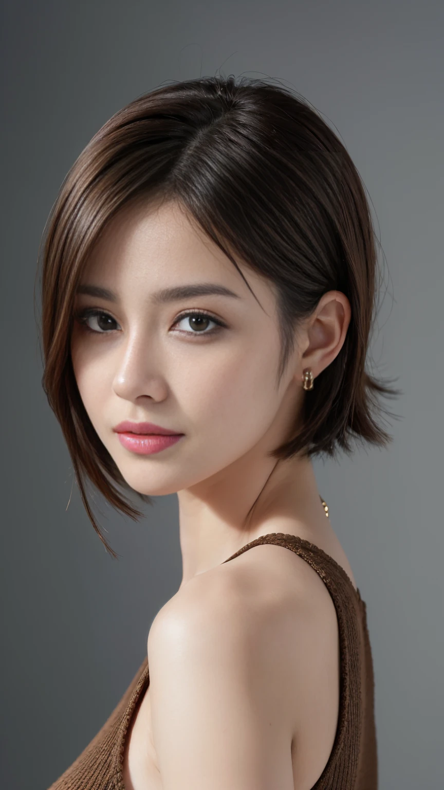 One beautiful woman, Realistic, Super detailed, High resolution, 8k wallpaper, Light brown hair, South Sea Beach, Sexy and bold swimsuit, Cute big ass, Sharp focus, Perfect dynamic composition, Beautiful, realistic and detailed eyes, Detailed hair, Fine and realistic skin texture, smile, Close-up portrait, Model body type, (Representative works: 1.3), (8k, Realistic, RAW Photos, Best image quality: 1.4), (30 year old mature woman),Small face, Beautiful Face, (Realistic Face),No makeup、Natural Makeup、light makeup、 (Dark brown, short hair: 1.3), Beautiful hairstyle, Realistic eyes, Beautiful attention to detail, (Photorealistic Skin), Beautiful Skin, (sweater),、Bust B cup、 Confused, charm, 超High resolution, Ultra-realistic, High resolution, Golden Ratio, ff tifa、Gray background、