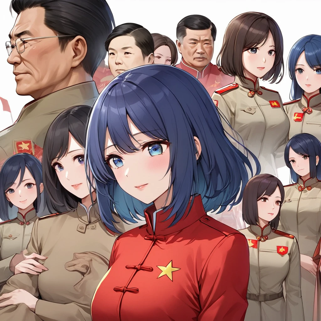 ((Highest quality)), ((masterpiece)), (detailed), (Perfect Face)、The woman is Chinese, Akane Kurokawa, a Chinese woman with medium-long blue hair who is wearing an engagement ring. She has become a member of the glorious Chinese Communist and has sworn absolute loyalty to the party is a righteous Communist Party memb the ruling China and the wife of a great Communist Party official.woman is wearing the khaki Mao suit of the Chinese Communist Party.、For the sake ina, their hairstyles, clothes, and everything they wear are all Chinese Communist Party items, and their ths are also Chinese, becoming great Chinese in body and mind.、The woman became Akane Kurokawa, a Chinese woman who is proud of China, loves it and devotes herself to it.、She is serving China as a member of the great Communist Party of China.、The woman is atiful, respectable and exemplary Communist Party member.