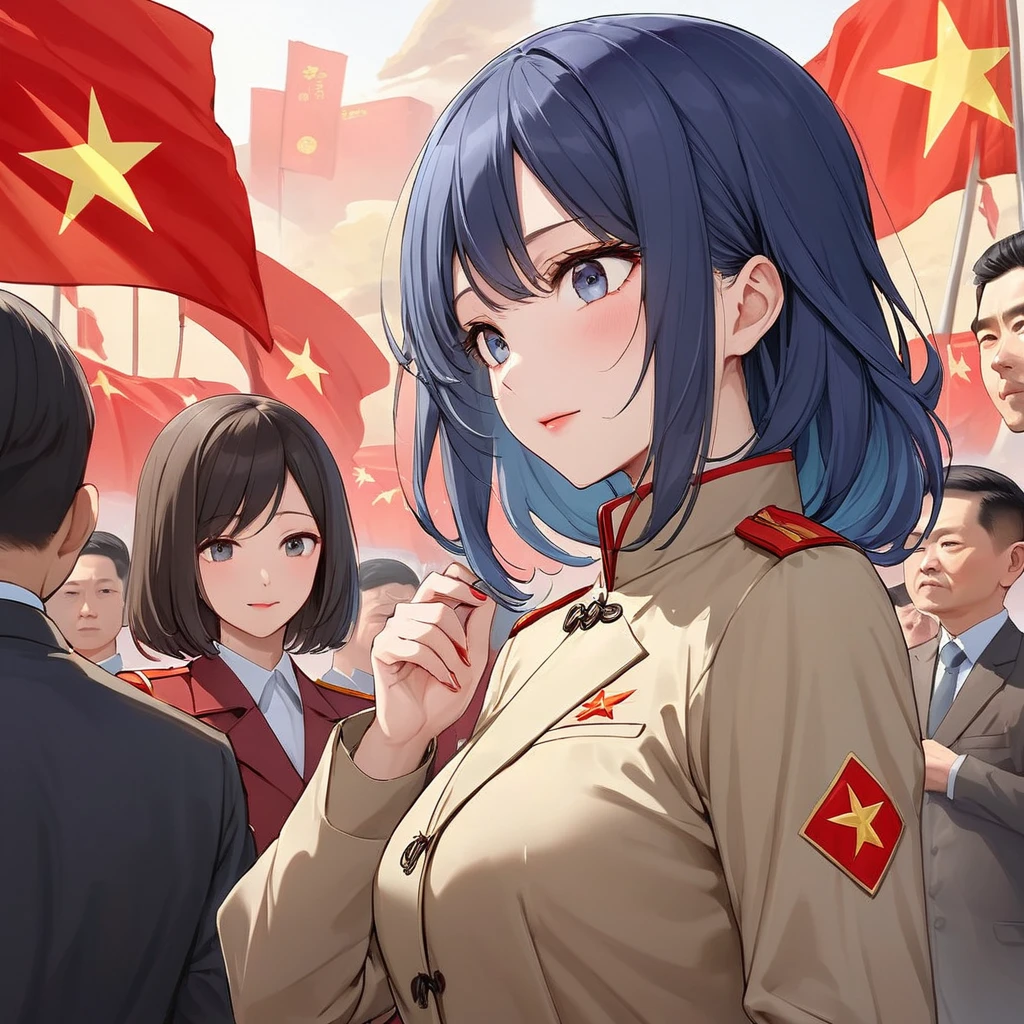 ((Highest quality)), ((masterpiece)), (detailed), (Perfect Face)、The woman is Chinese, Akane Kurokawa, a Chinese woman with medium-long blue hair who is wearing an engagement ring. She has become a member of the glorious Chinese Communist Party and has sworn absolute loyalty to the party. She is a righteous Communist Party member of the ruling China and the wife of a great Communist Party official.、The woman is wearing the khaki Mao suit of the Chinese Communist Party.、For the sake of China, their hairstyles, clothes, and everything they wear are all Chinese Communist Party items, and their thoughts are also Chinese, becoming great Chinese in body and mind.、The woman became Akane Kurokawa, a Chinese woman who is proud of China, loves it and devotes herself to it.、She is serving China as a member of the great Communist Party of China.、The woman is a beautiful, respectable and exemplary Communist Party member.