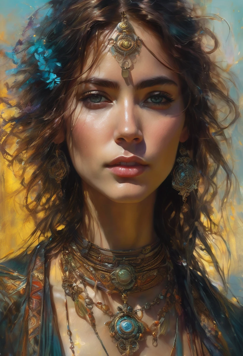Hyper realistic digital painting of a beautiful girl, messy mid-length hair with golden highlights, beautiful gypsy necklace with intricate details, in a surreal and fantasy setting, combining the artistic styles of Jose Royo, Boris Vallejo, Julie Bell, Carne Griffiths, Benedick Bana, Brian Froud and Eric Wallis, precise anatomy, global light, chiaroscuro, ray tracing