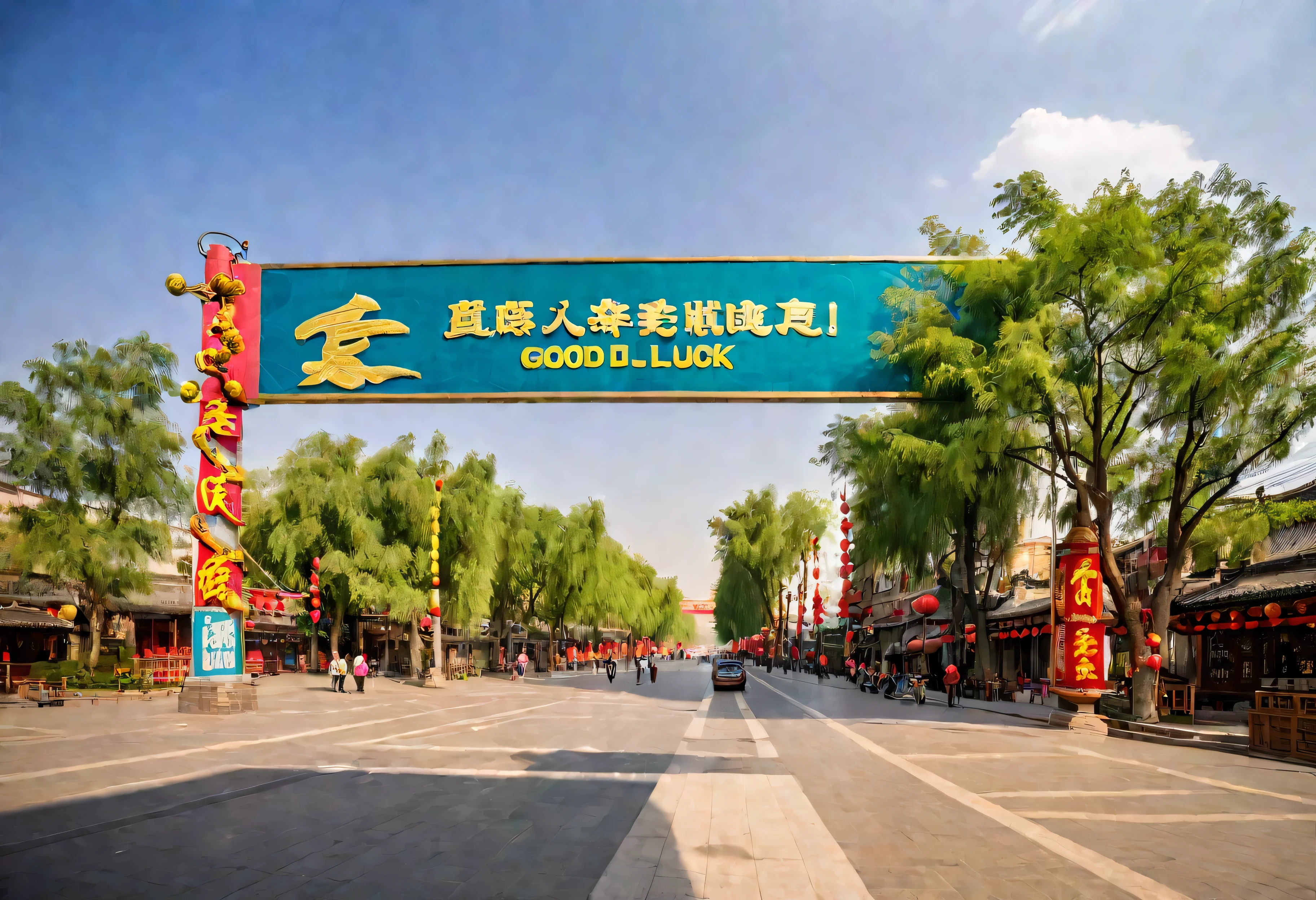 There is a sign that says "Good Luck" in Chinese, baotou china, Photo showing, nanquan, photograph of the City street, City, You were, square, Guangjian, Wide-angle lens, Wide-angle lens, ; Wide-angle lens, Unobscured, by Liao Chi-chun, shutter, ruanjia