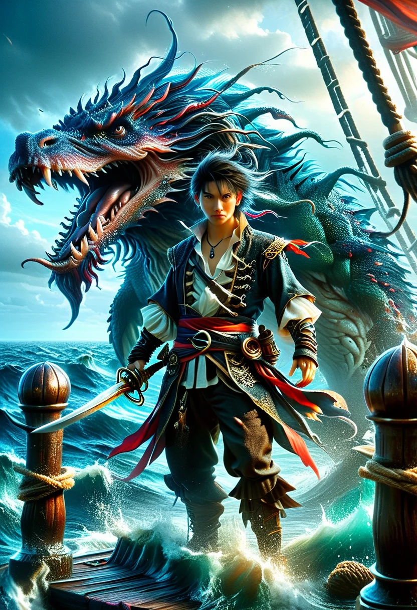 This is a dark fantasy scene.，Depicting a pirate fighting a sea monster on his ship。This person is of Asian descent，The gender is male，Standing bravely on the deck of the ship。He holds a machete，The ship is in tatters，Indicates that there have been countless battles in the past。A terrifying sea monster emerges from the rough sea，Open huge tentacles，Towards the boat and。The whole atmosphere is ominous and frightening.，The sea is rough，Dark clouds overhead。