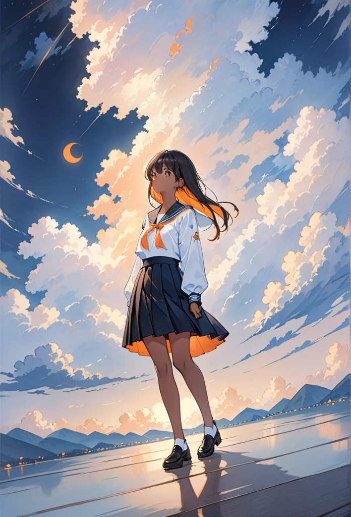 masterpiece, Highest quality,One girl, shadow,Black Hair,Orange inner color,semi-long,Brown Skin,Cloudy,Night sky through the clouds,star雲,star,Are standing, Pensive Gaze, Full body portrait, Sailor suit,Black pleated skirt,Zoomed out, Wide angle,Very precise