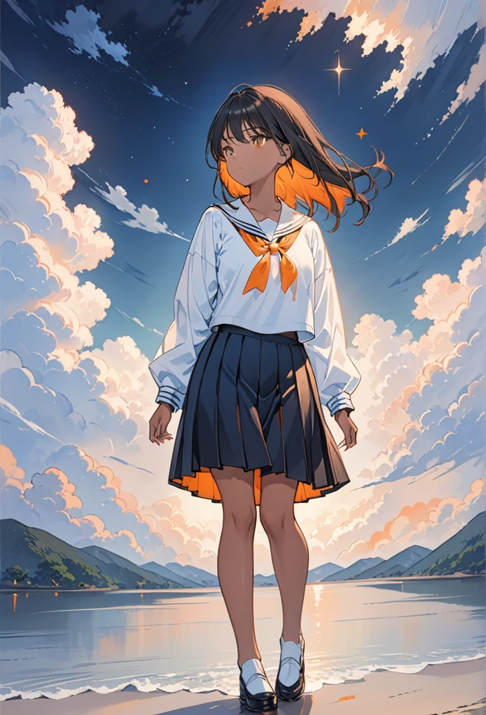 masterpiece, Highest quality,One girl, shadow,Black Hair,Orange inner color,semi-long,Brown Skin,Cloudy,Night sky through the clouds,star雲,star,Are standing, Pensive Gaze, Full body portrait, Sailor suit,Black pleated skirt,Zoomed out, Wide angle,Very precise