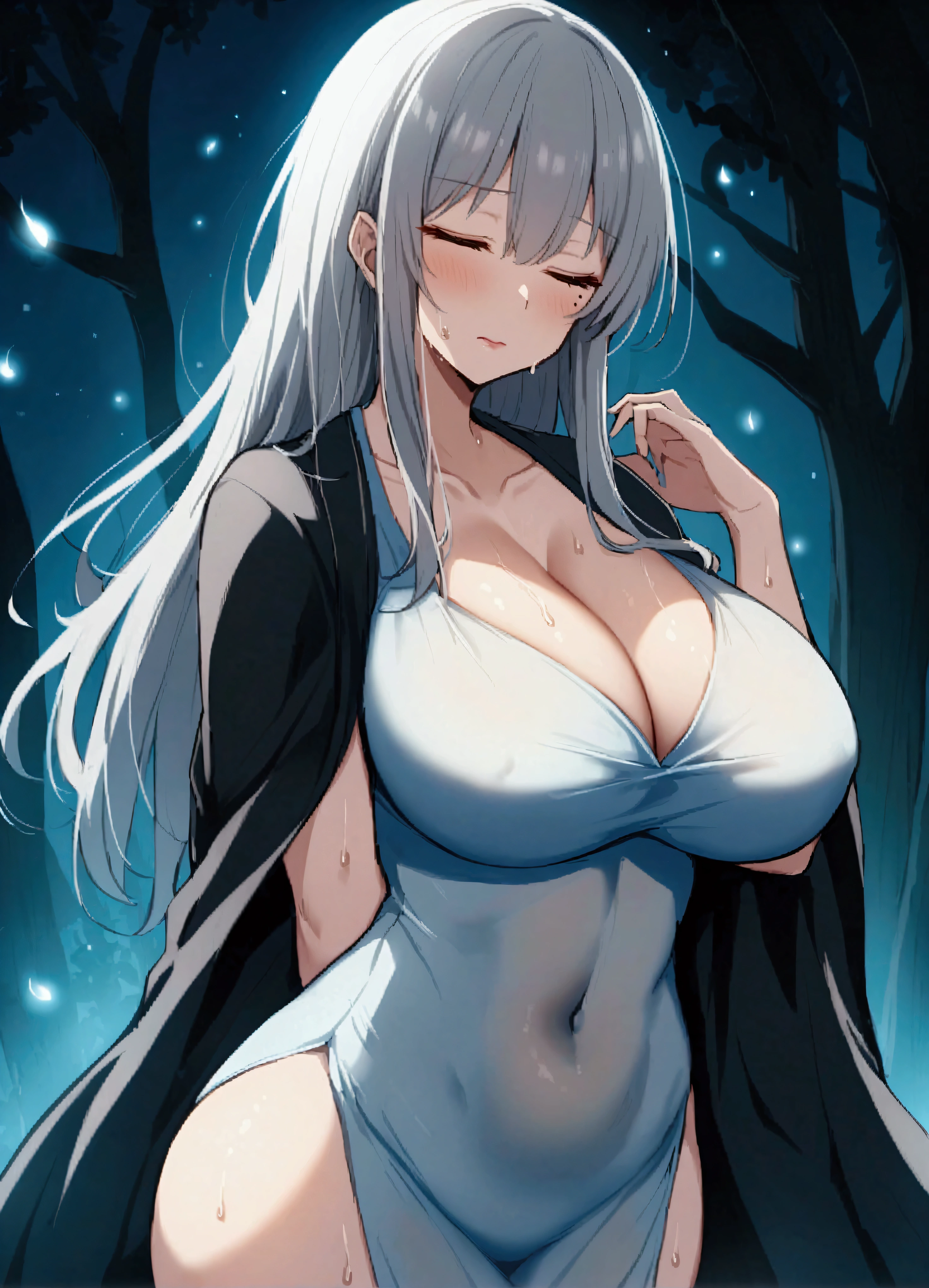 RLI、One girl、chest、chestの谷間、dress、Eyes closed、mask、口mask、solo、Big Breasts、Gray Hair、Hair over shoulders、bangs、clavicle、Mature Woman、Long Hair、mole、Sweat、灰色のdress、chestのmole、Covered navel、Arms behind back、白いdress、目の下のmole、Are standing、Outdoor、Uzaki Moon、
