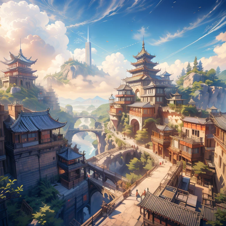 A Chinese city viewed from Alafud，A mountain in the background, Cyberpunk Chinese Ancient Castle, Beautiful rendering of the Tang Dynasty, Unreal Engine fantasy art, Dreamy Chinatown, Unreal Engine 4k wallpaper, Akihiko Yoshida. Unreal Engine, Pan Chengwei on artstation, G Liulian art style, Unreal 6 is breathtaking in detail, realistic fantasy rendering