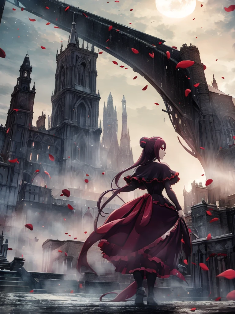 Highest quality、High resolution、Serious expression、woman、Red Hair、Hairstyle is long straight、Sharp red eyes、Uplifting、Light equipment、Swing a long sword、In combat with an enemy male swordsman、Around 20 years old、anime、Voluptuous bust、Narrow waist、In front of the Demon Castle、Great style、Height: 160cm、Wounded、White Cape、A dignified and cute face、Wearing boots、White clothing、8k、high resolution、Spooky sky、Horde of Demons、Battle with the Demon King's Army