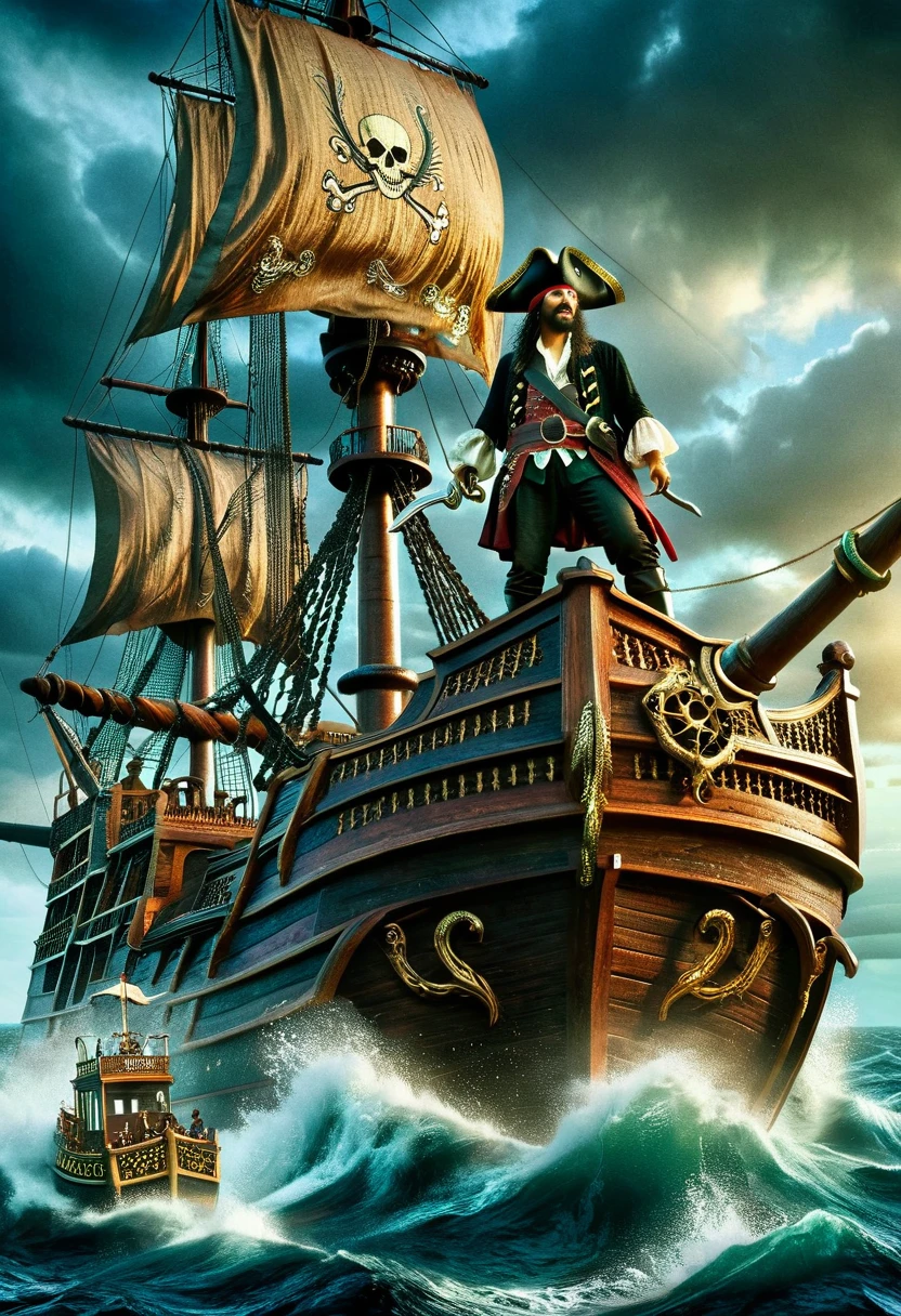 A dark fantasy style scene of a pirate on his ship battling a Kraken. The pirate, with an Asian descent and male gender, stands bravely on the ship's deck. He wields a cutlass and the ship is tattered, evidencing numerous past battles. Emerging from the turbulent sea, the monstrous Kraken unfurls its giant tentacles, reaching for the ship and the pirate. The overall ambience is ominous and foreboding, with stormy seas and dark clouds overhead.